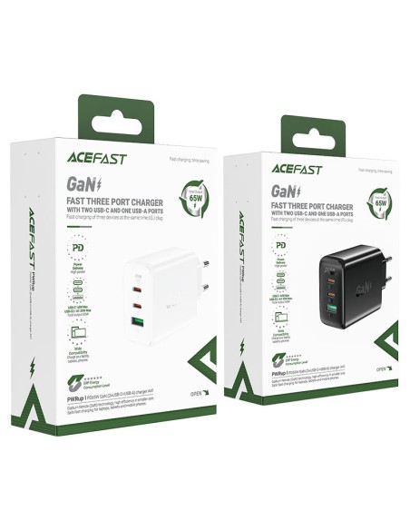 
GaN greitas įkroviklis 2x USB-C USB-A PPS PD QC4+ 65W juodas
