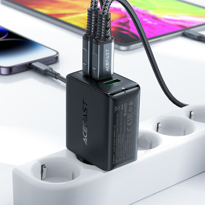 
GaN greitas įkroviklis 2x USB-C USB-A PPS PD QC4+ 65W juodas
