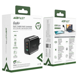
GaN greitas įkroviklis 2x USB-C USB-A PPS PD QC4+ 65W juodas
