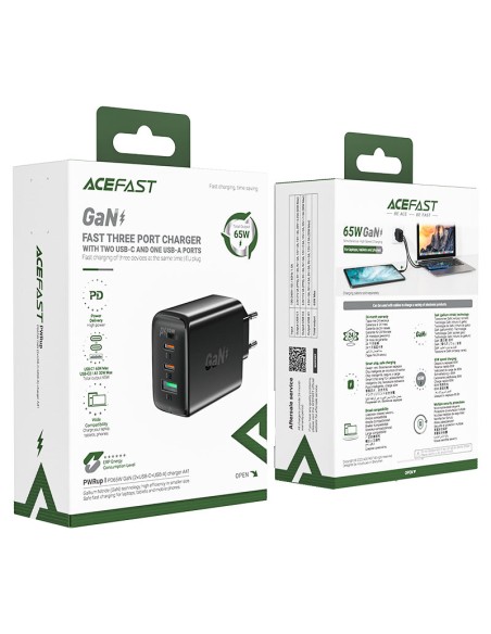 
GaN greitas įkroviklis 2x USB-C USB-A PPS PD QC4+ 65W juodas
