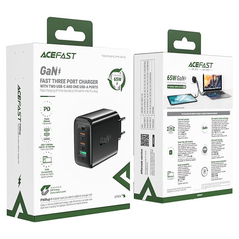 GaN greitas įkroviklis 2x USB-C USB-A PPS PD QC4+ 65W balta
