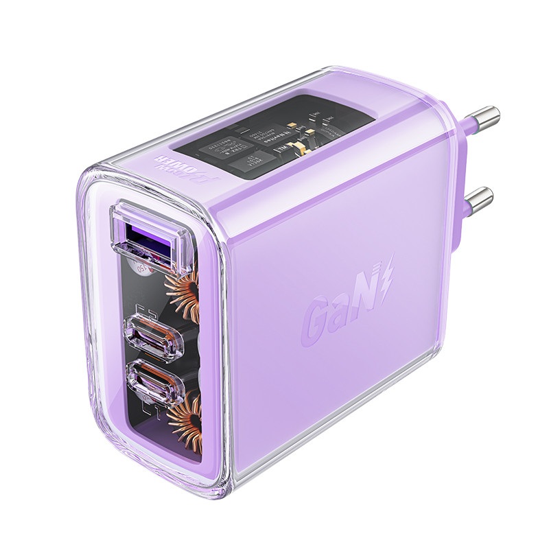 
GaN 65W tinklo įkroviklis 3 prievadai 1x USB 2x USB-C violetinė

