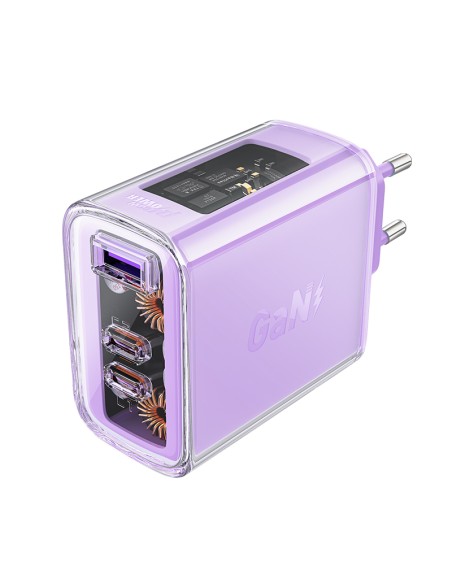 
GaN 65W tinklo įkroviklis 3 prievadai 1x USB 2x USB-C violetinė
