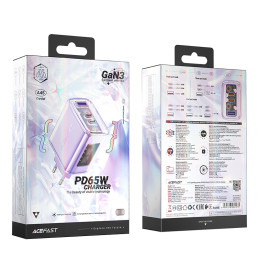 
GaN 65W tinklo įkroviklis 3 prievadai 1x USB 2x USB-C violetinė
