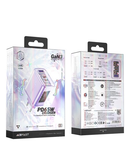 
GaN 65W tinklo įkroviklis 3 prievadai 1x USB 2x USB-C violetinė
