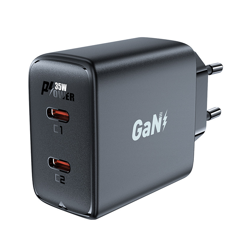 
GaN 35W PD 2x USB-C greitas įkroviklis, juodas
