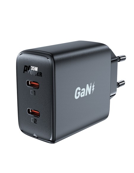 
GaN 35W PD 2x USB-C greitas įkroviklis, juodas
