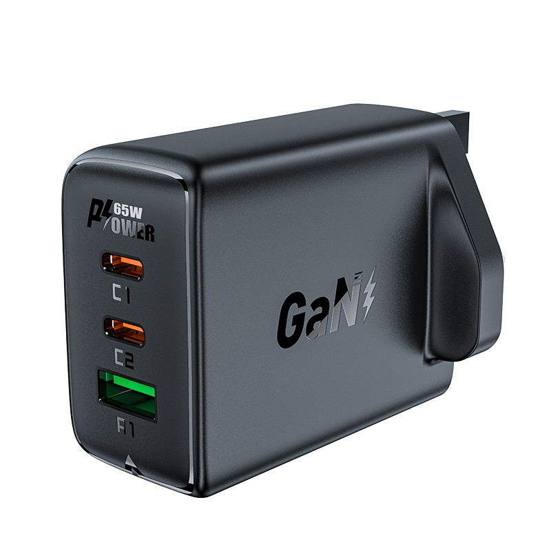 
Maitinimo įkroviklis Angliškas kištukas UK GaN 65W 1x USB 2x USB-C PD juodas
