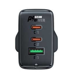 
Maitinimo įkroviklis Angliškas kištukas UK GaN 65W 1x USB 2x USB-C PD juodas
