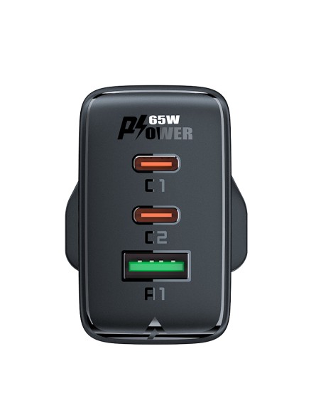 
Maitinimo įkroviklis Angliškas kištukas UK GaN 65W 1x USB 2x USB-C PD juodas
