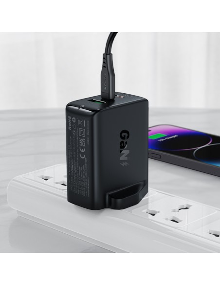 
Maitinimo įkroviklis Angliškas kištukas UK GaN 65W 1x USB 2x USB-C PD juodas
