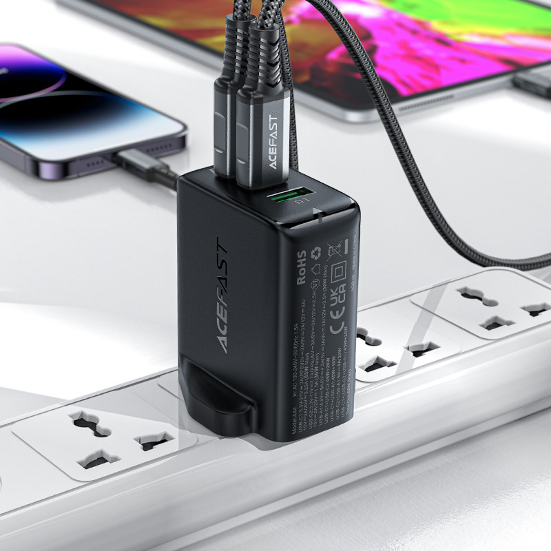 
Maitinimo įkroviklis Angliškas kištukas UK GaN 65W 1x USB 2x USB-C PD juodas
