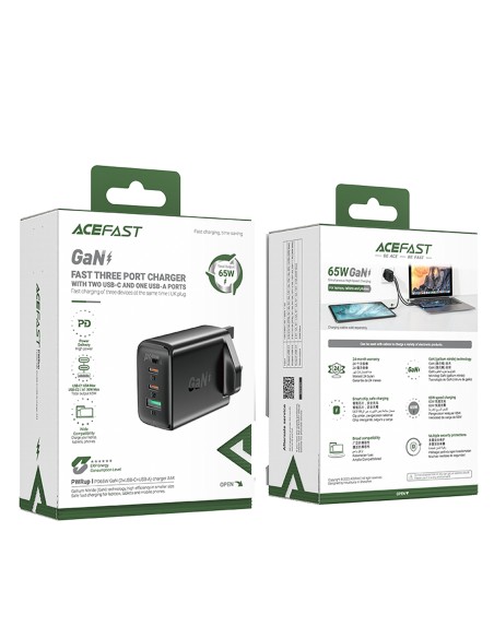 
Maitinimo įkroviklis Angliškas kištukas UK GaN 65W 1x USB 2x USB-C PD juodas
