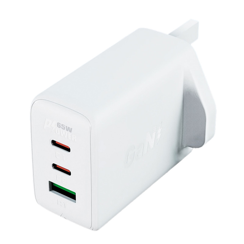 
Maitinimo įkroviklis Angliškas kištukas UK GaN 65W 1x USB 2x USB-C PD balta
