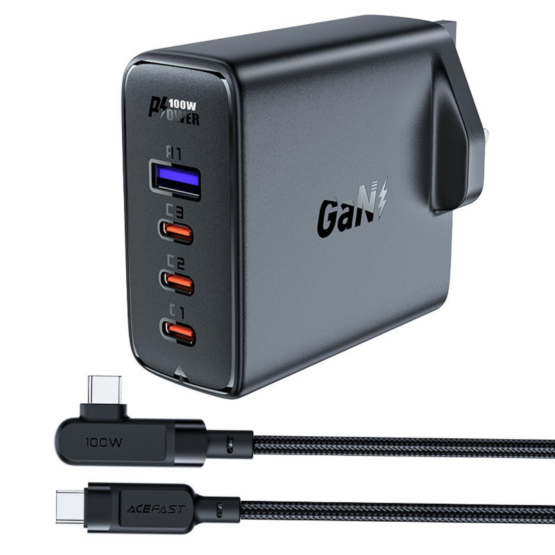 
2in1 laidas ir greitas GaN tinklo įkroviklis, JK kištukas, 100W PD 3x USB-C USB juodas
