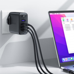 
2in1 laidas ir greitas GaN tinklo įkroviklis, JK kištukas, 100W PD 3x USB-C USB juodas
