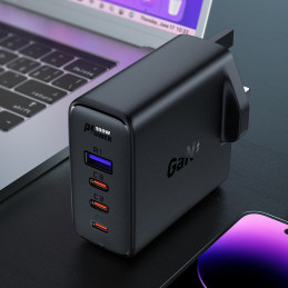 
2in1 laidas ir greitas GaN tinklo įkroviklis, JK kištukas, 100W PD 3x USB-C USB juodas
