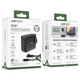 
2in1 laidas ir greitas GaN tinklo įkroviklis, JK kištukas, 100W PD 3x USB-C USB juodas
