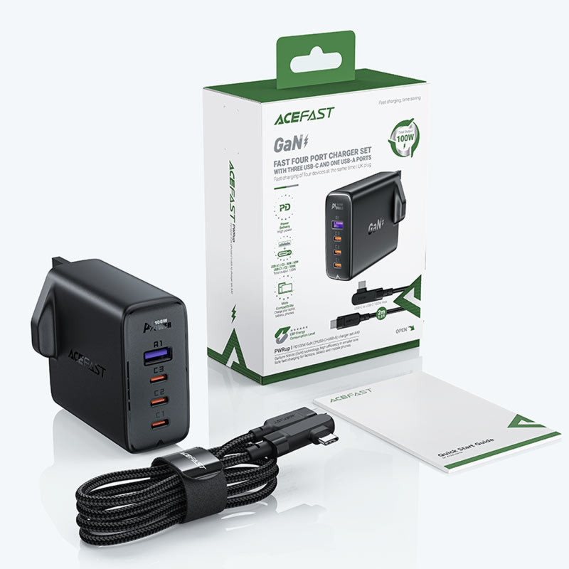 2in1 laidas ir greitas GaN tinklo įkroviklis, JK kištukas, 100W PD 3x USB-C USB juodas