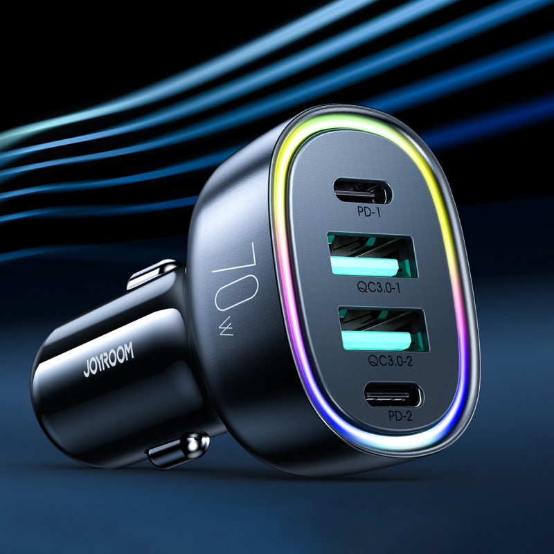 70W automobilinis įkroviklis su 4 prievadais 2x USB-C PD 2x USB QC juodas