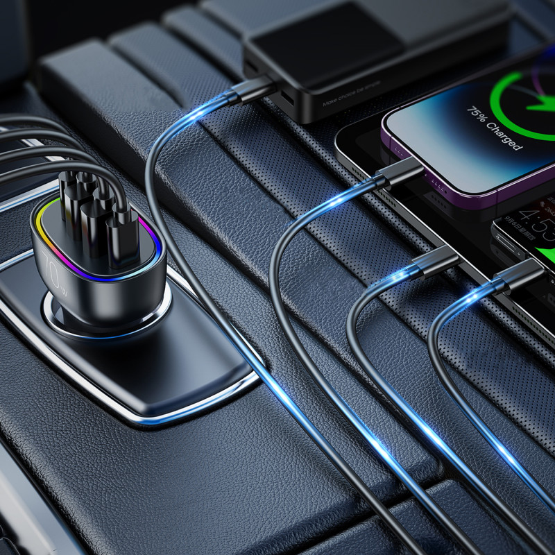 70W automobilinis įkroviklis su 4 prievadais 2x USB-C PD 2x USB QC juodas