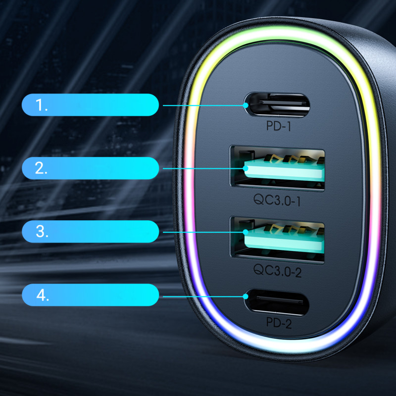 70W automobilinis įkroviklis su 4 prievadais 2x USB-C PD 2x USB QC juodas