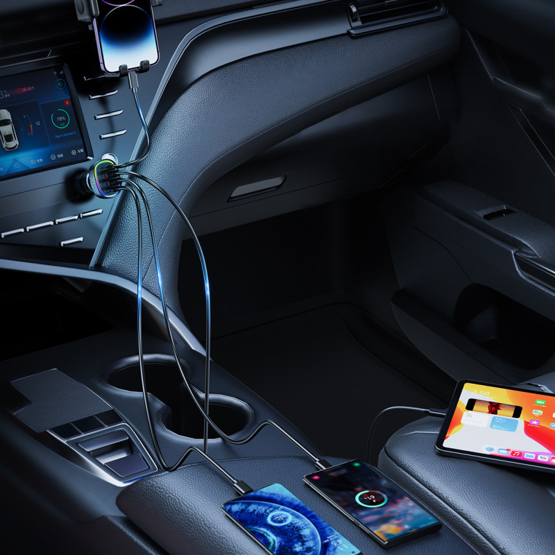 70W automobilinis įkroviklis su 4 prievadais 2x USB-C PD 2x USB QC juodas