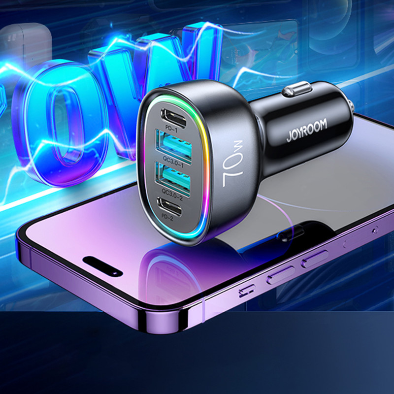 70W automobilinis įkroviklis su 4 prievadais 2x USB-C PD 2x USB QC juodas