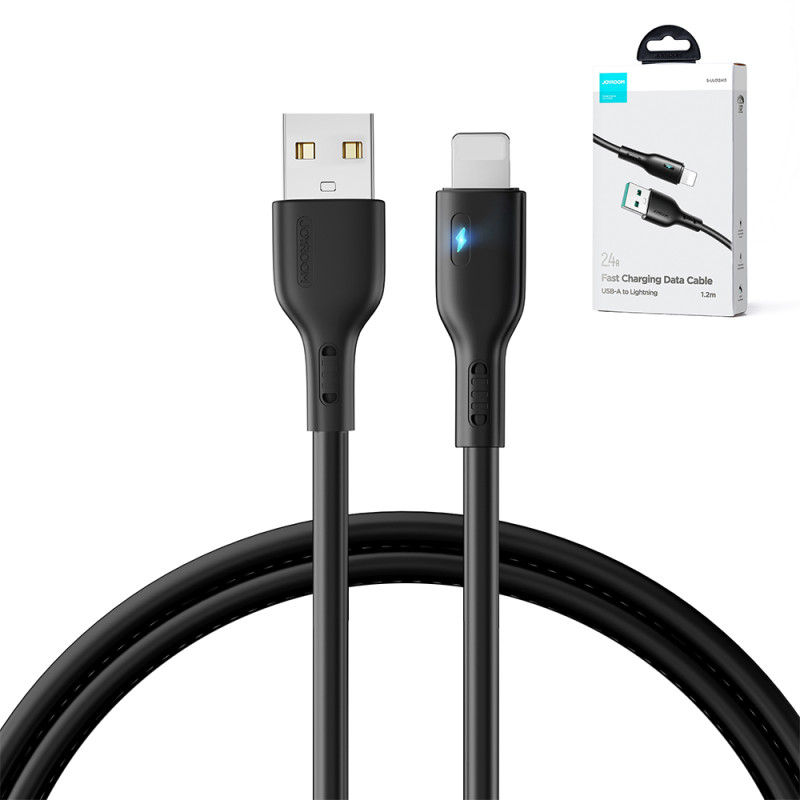 Kabelis iPhone su LED, USB - Lightning 2.4A, 1.2m, juodas