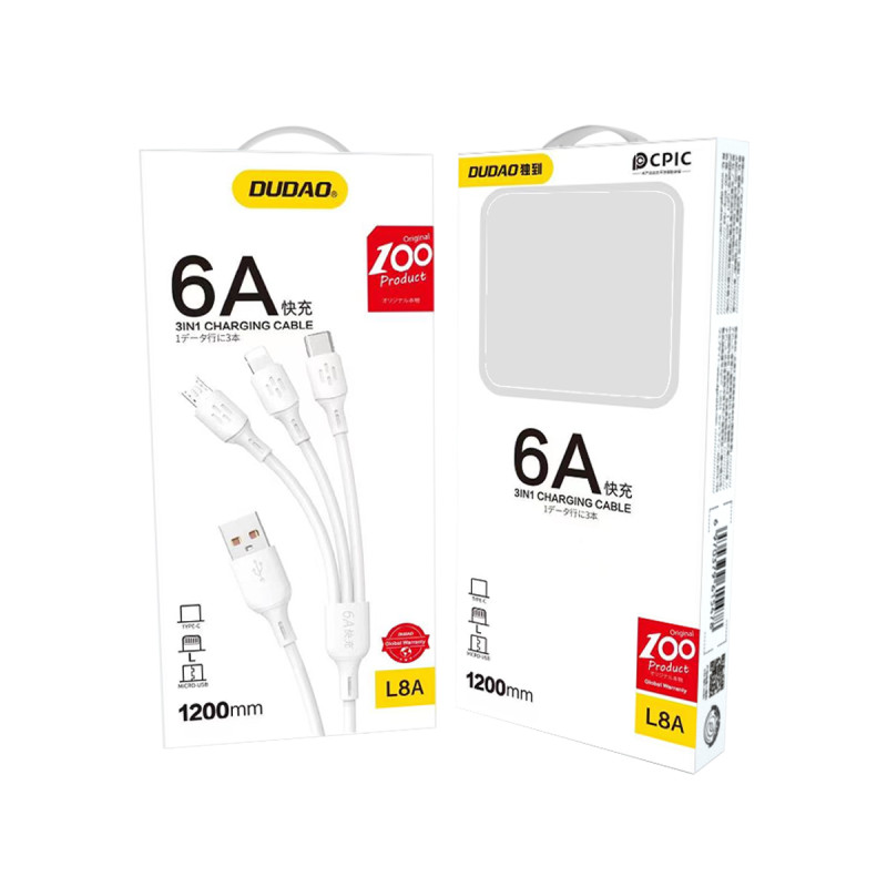 3in1 kabelis USB-A į USB-C mikro USB iPhone Lightning 480Mb/ s 1,2m baltas