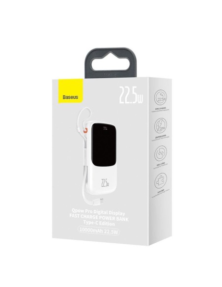 Maitinimo bankas su greitu įkrovimu 10000 mAh 22,5 W QC-PD-SCP-FCP USB-C kabelis baltas