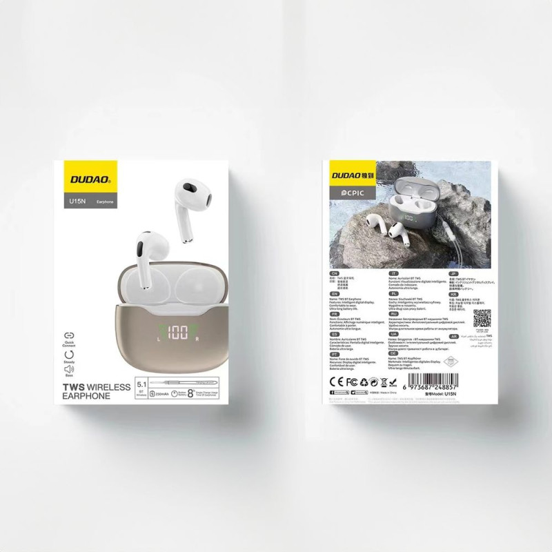 Bluetooth 5.1 TWS U15N LED belaidės ausinės, baltos