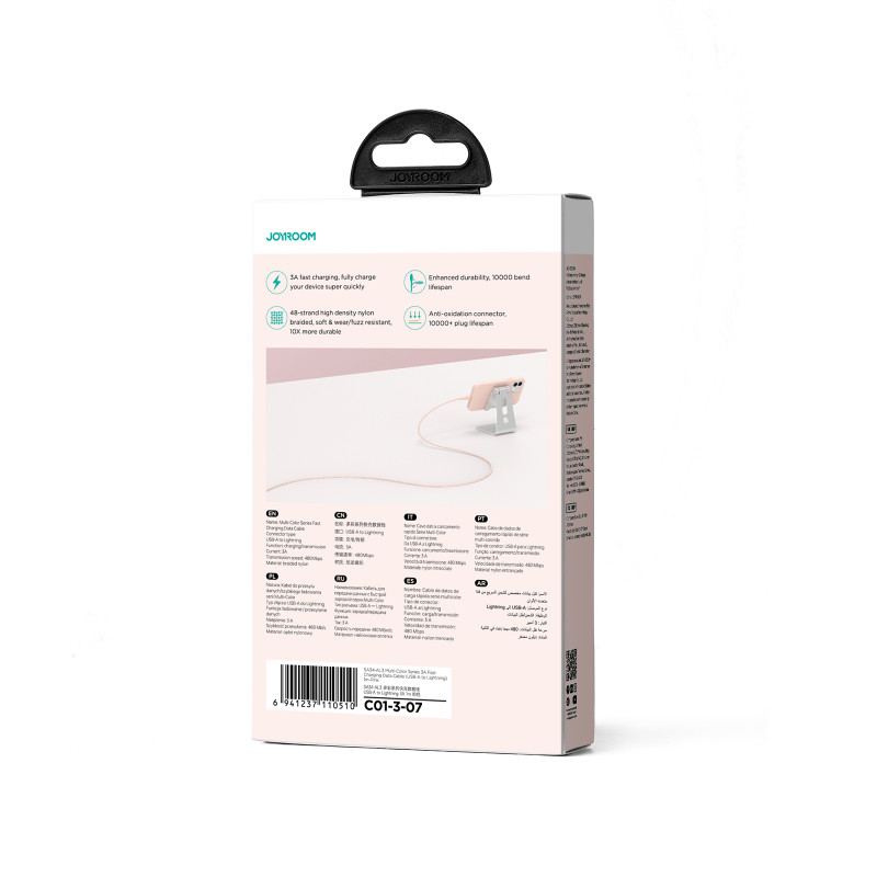 Kabelis iPhone Multi-Color Series USB-A - Lightning 3A 1m rožinis