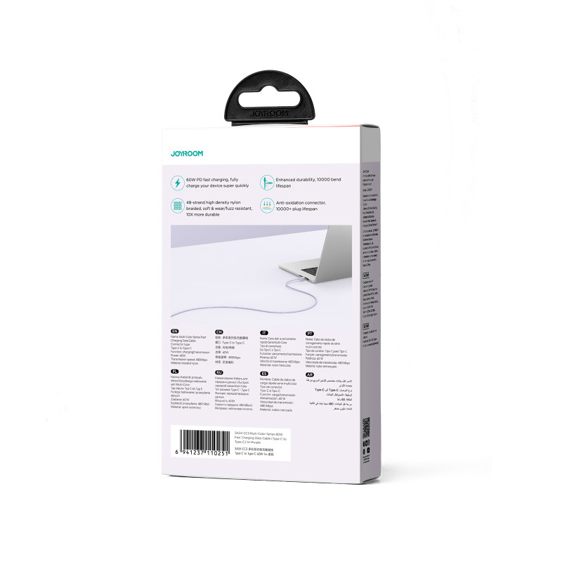 
Multi-Color Series USB-C – USB-C laidas 60W greitas perdavimas 1m violetinė
