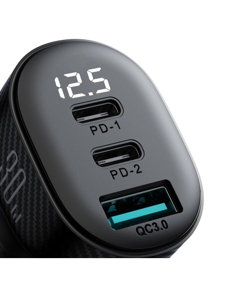 
Automobilinis įkroviklis su ekranu 2x USB-C USB-A 30W juodas
