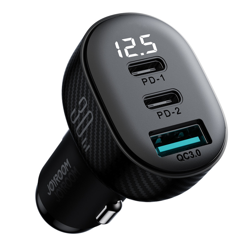 
Automobilinis įkroviklis su ekranu 2x USB-C USB-A 30W juodas
