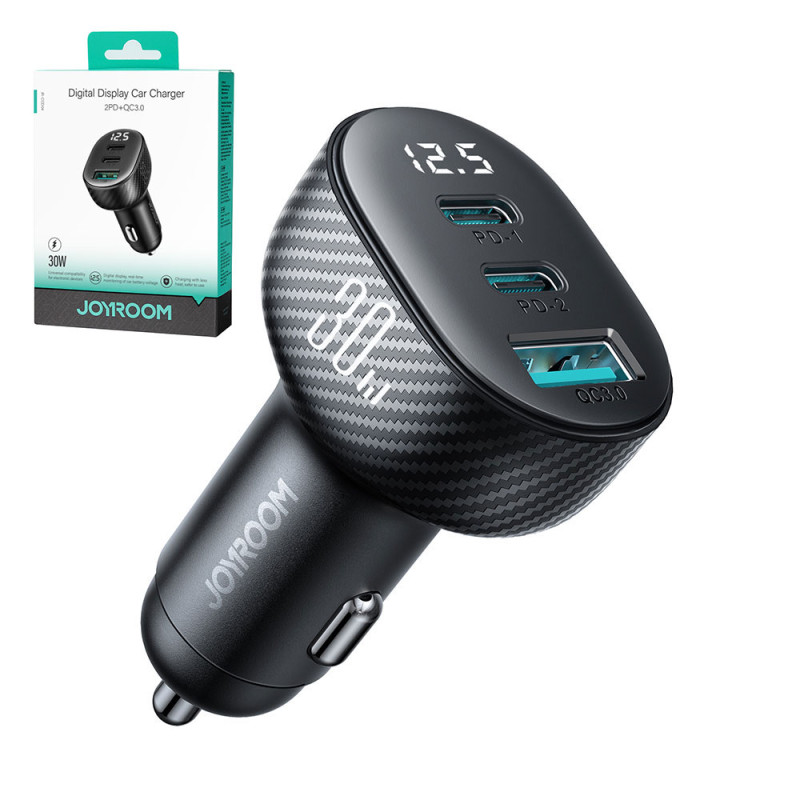 
Automobilinis įkroviklis su ekranu 2x USB-C USB-A 30W juodas
