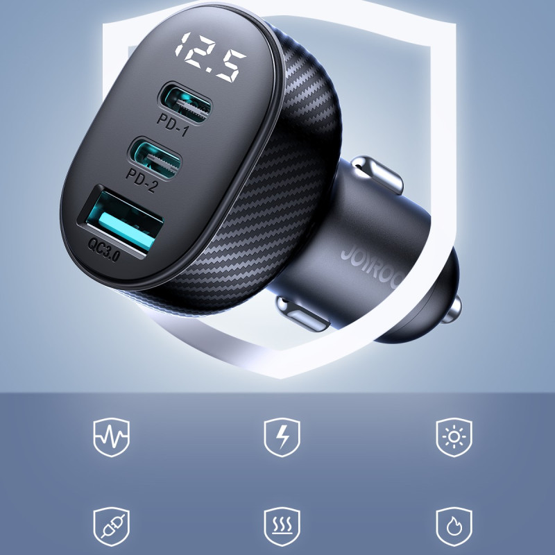 
Automobilinis įkroviklis su ekranu 2x USB-C USB-A 30W juodas
