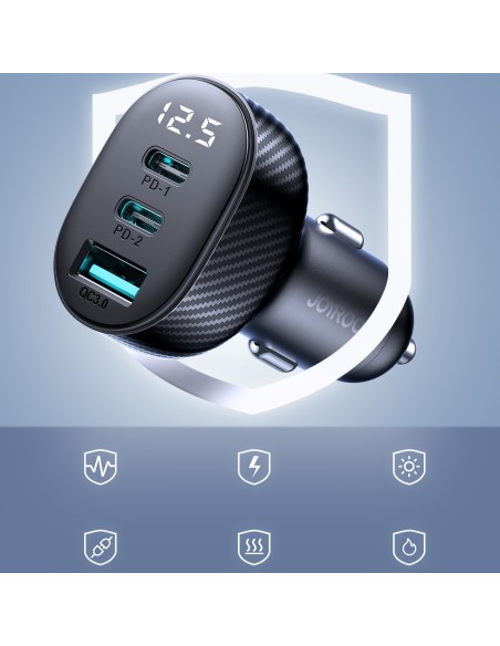 
Automobilinis įkroviklis su ekranu 2x USB-C USB-A 30W juodas
