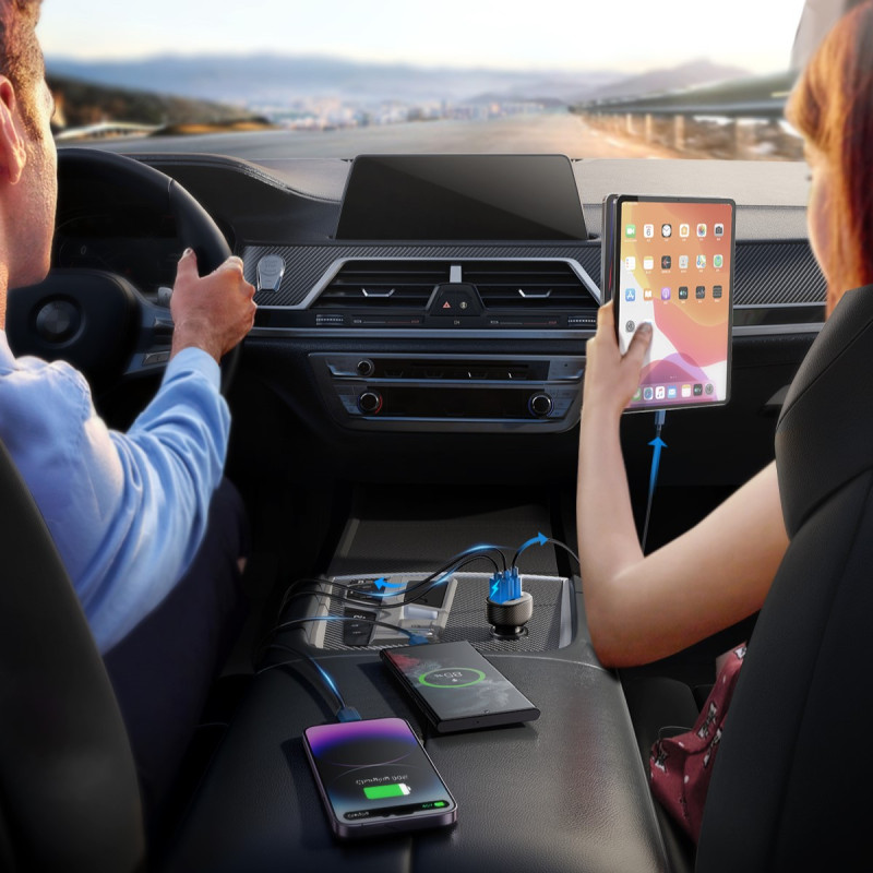 
Automobilinis įkroviklis su ekranu 2x USB-C USB-A 30W juodas
