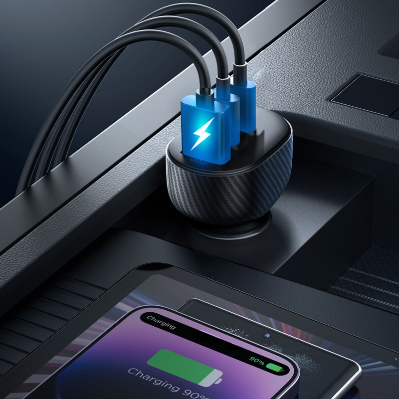 
Automobilinis įkroviklis su ekranu 2x USB-C USB-A 30W juodas

