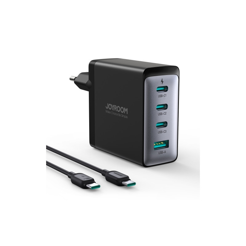 
GaN sieninis įkroviklis su USB-C laidu 3x USB-C USB-A 100W juodas
