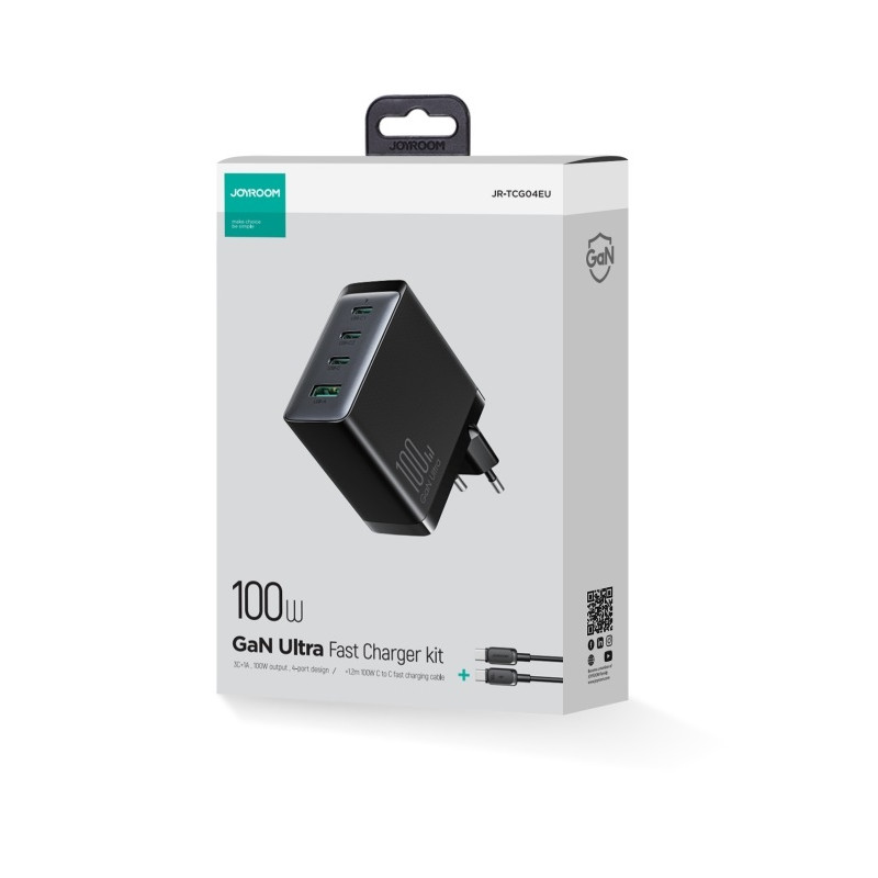 GaN sieninis įkroviklis su USB-C laidu 3x USB-C USB-A 100W juodas