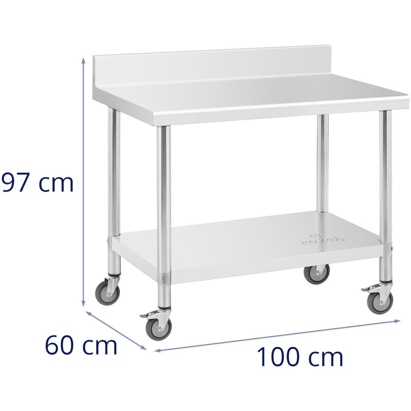 Stalas, sieninis stalviršis su briauna ant ratukų, 1 lentyna 100 x 60 cm, iki 155 kg