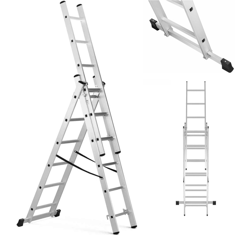 
Aliuminio kopėčios, 3 x 6 laipteliai, aukštis 321 cm, iki 150 kg
