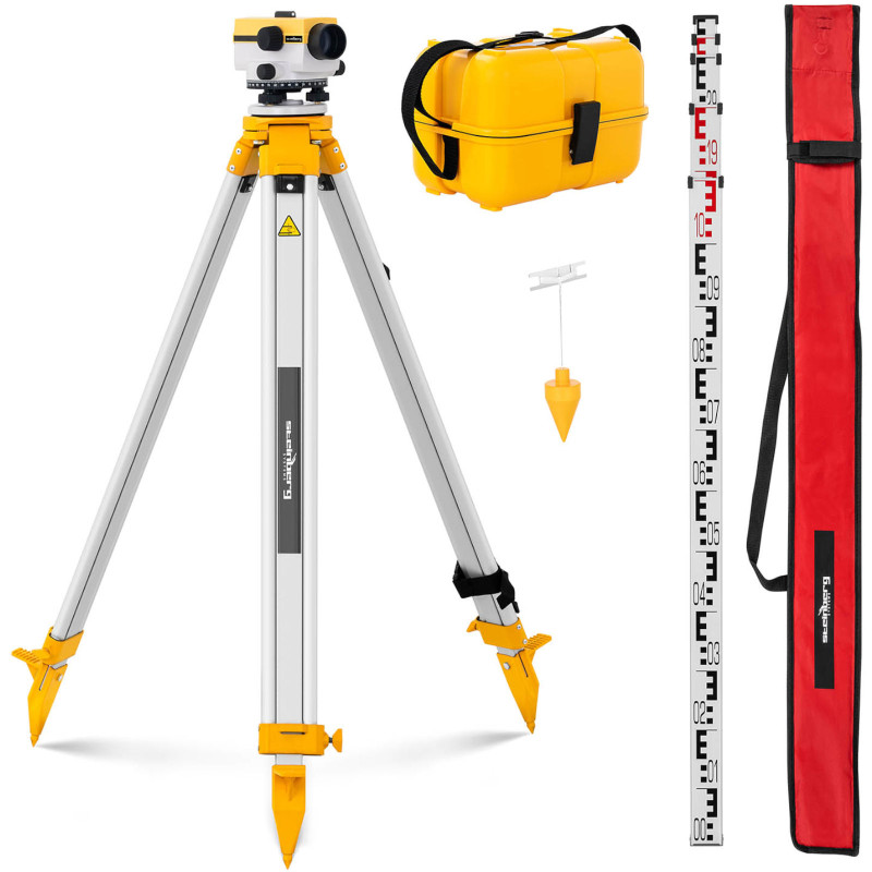 Optinis savaime išsilyginantis nivelyras su trikoju ir lazdele – padidinimas 24x sk. 36 mm