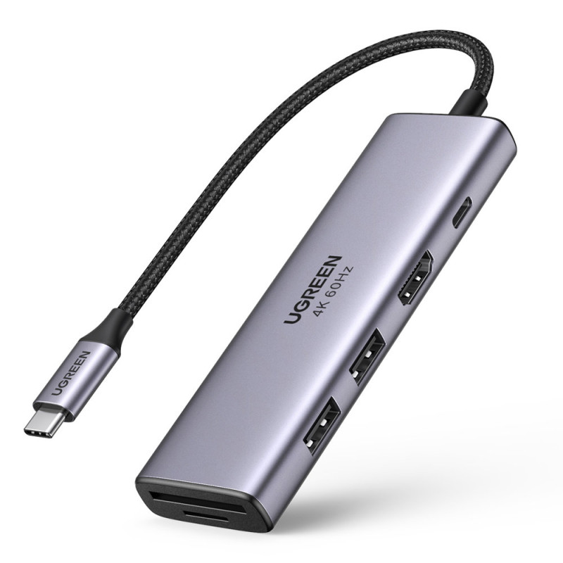 6 viename daugiafunkcis USB-C HUB – 2x USB HDMI 4K SD ir TF kortelių skaitytuvas USB-C PD 100W pilka