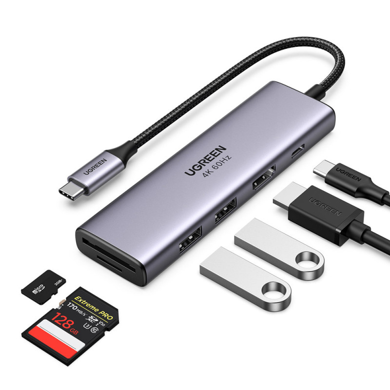 6 viename daugiafunkcis USB-C HUB – 2x USB HDMI 4K SD ir TF kortelių skaitytuvas USB-C PD 100W pilka
