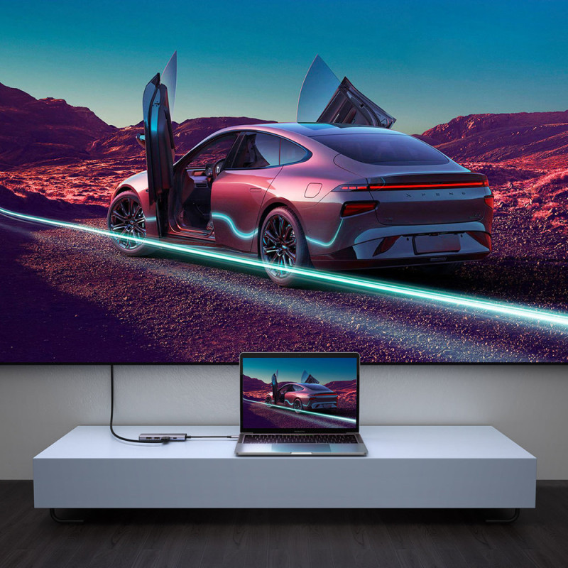 6 viename daugiafunkcis USB-C HUB – 2x USB HDMI 4K SD ir TF kortelių skaitytuvas USB-C PD 100W pilka