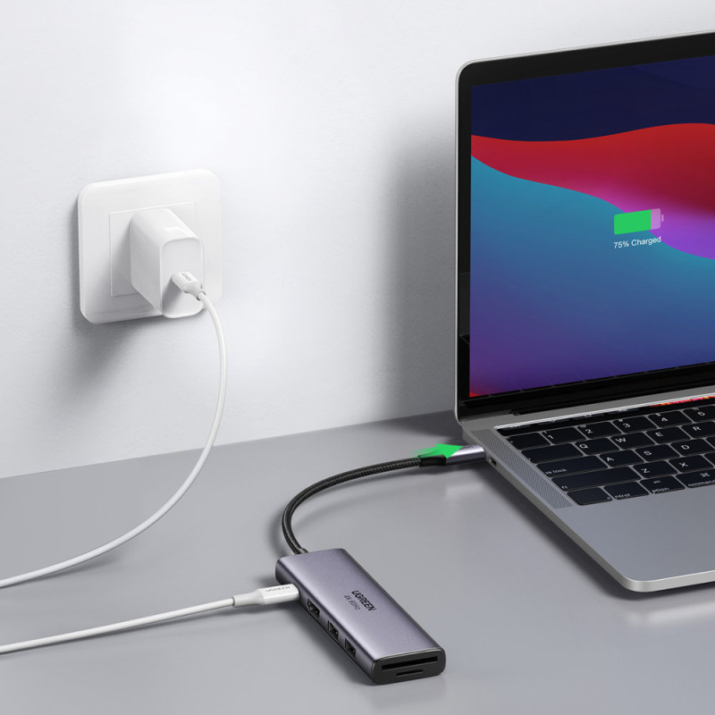 6 viename daugiafunkcis USB-C HUB – 2x USB HDMI 4K SD ir TF kortelių skaitytuvas USB-C PD 100W pilka